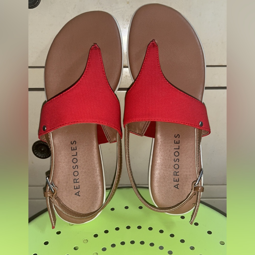 AEROSOLES Red and Brown T-Strap Sandals
